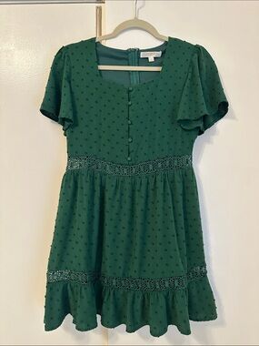 Cloud Ten Green Swiss Dot Crochet Trim Mini Dress